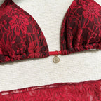 Crimson and Black Lace-Patterned Three-Piece String Bikini and Sarong Set