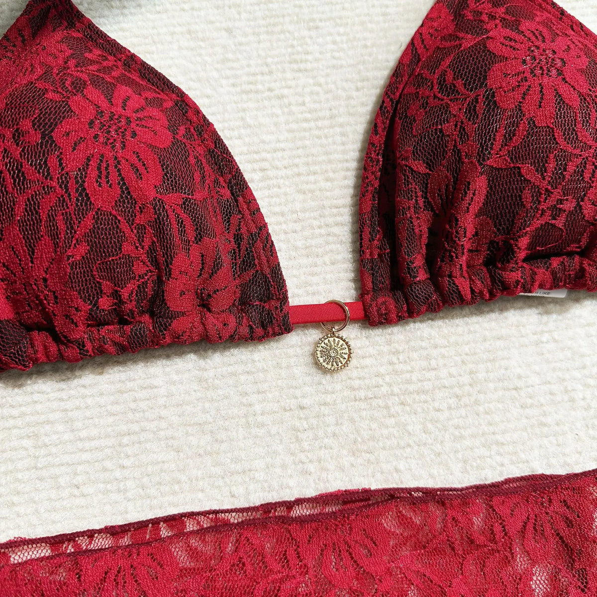 Crimson and Black Lace-Patterned Three-Piece String Bikini and Sarong Set