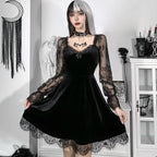Velvet Gothic Skater Dress with Lace Sleeves and Dark Romantic Style