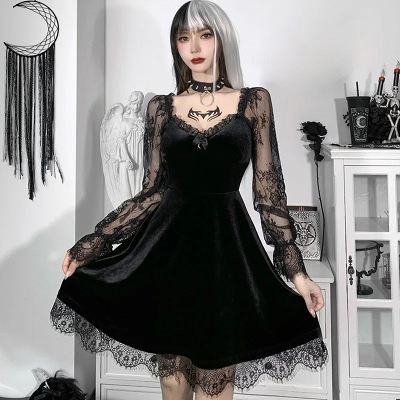 Velvet Gothic Skater Dress with Lace Sleeves and Dark Romantic Style