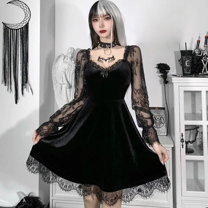 Velvet Gothic Skater Dress with Lace Sleeves and Dark Romantic Style