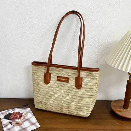 Large Capacity Woven Straw Tote Shoulder Bag for Everyday Travel