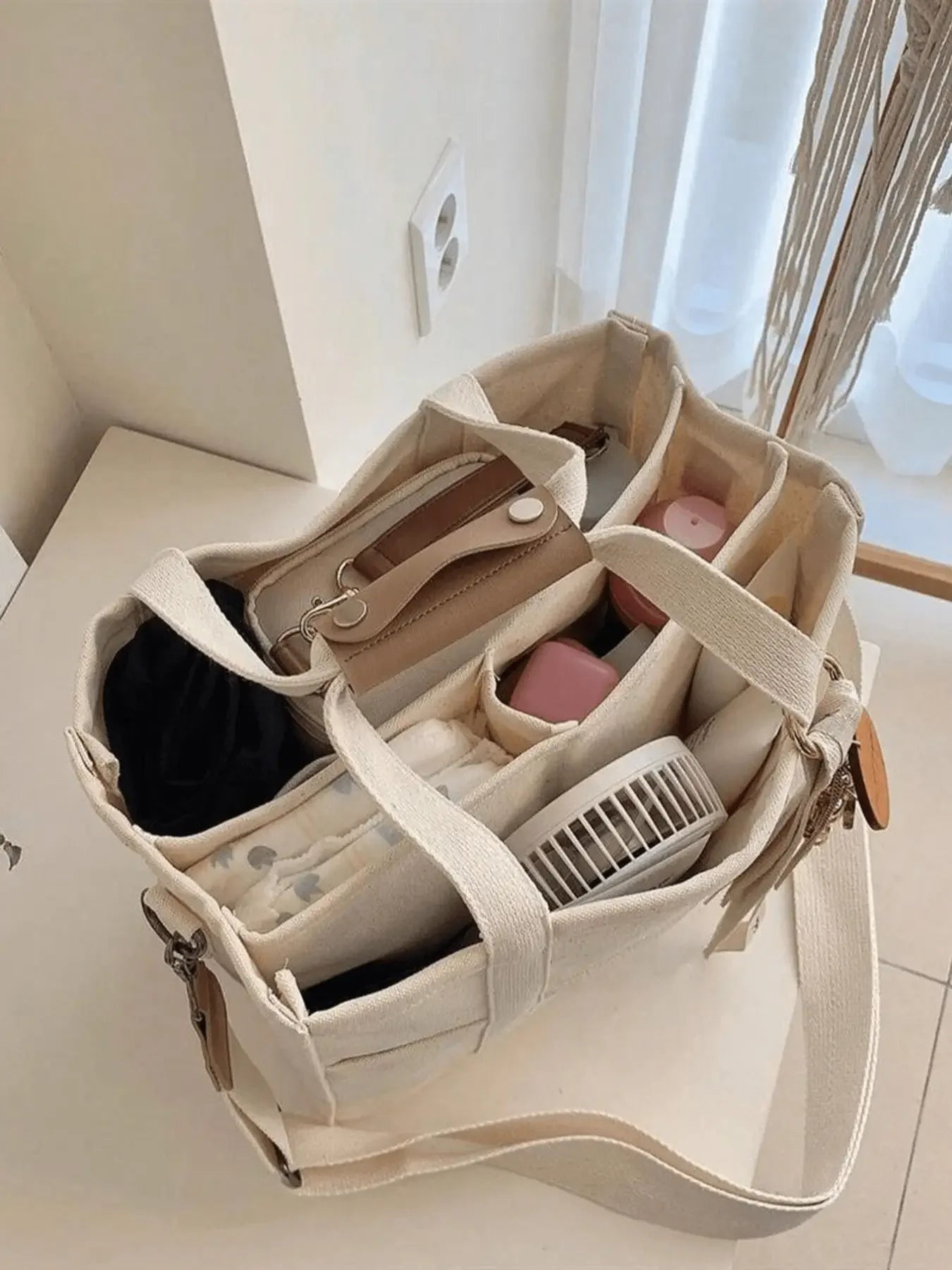 Large Capacity Structured Canvas Style Tote Bag with Utility Pockets