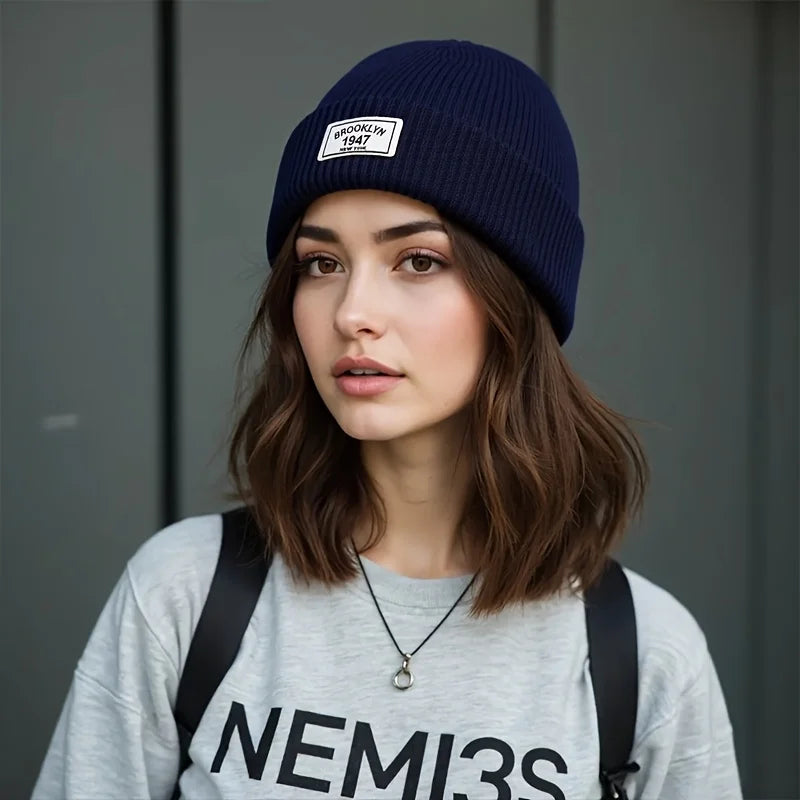 Ribbed Polyester Cuffed Knit Beanie with Woven Patch for Everyday Winter Streetwear Style