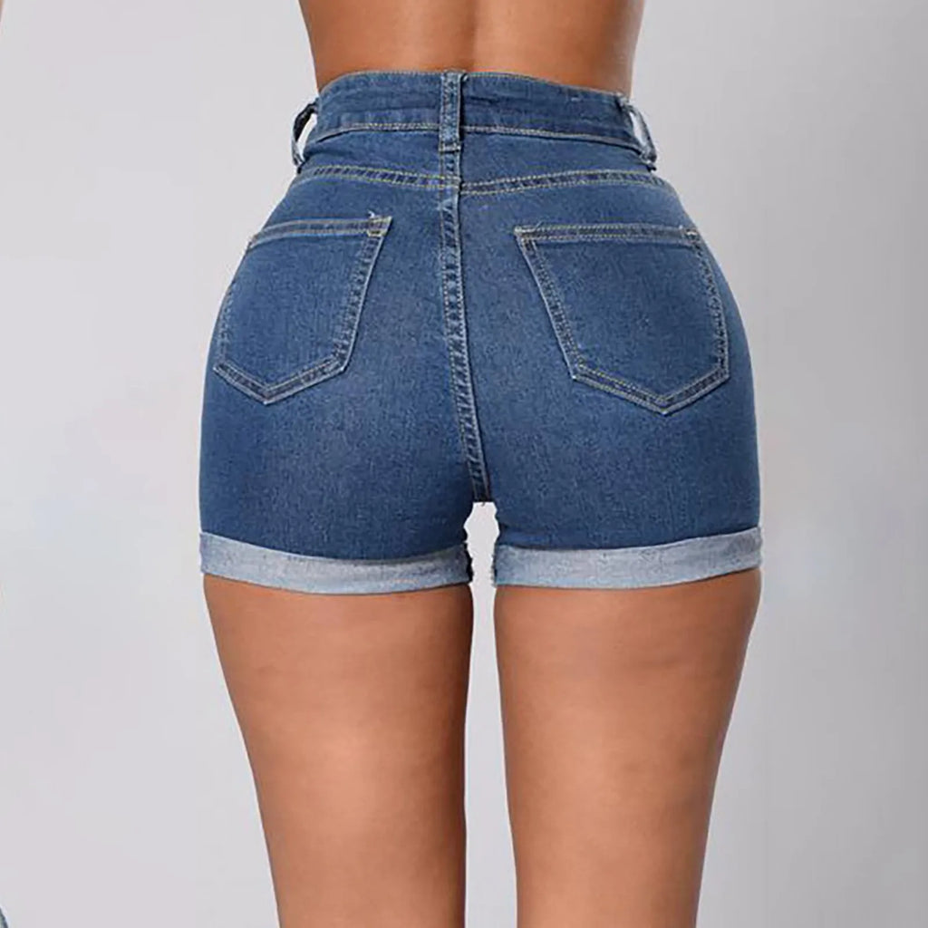 Women's High Waist Denim Shorts with Rolled Hem Slim Fit and Classic Everyday Style