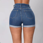 Women's High Waist Denim Shorts with Rolled Hem Slim Fit and Classic Everyday Style