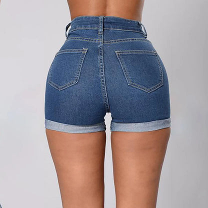 Women's High Waist Denim Shorts with Rolled Hem Slim Fit and Classic Everyday Style