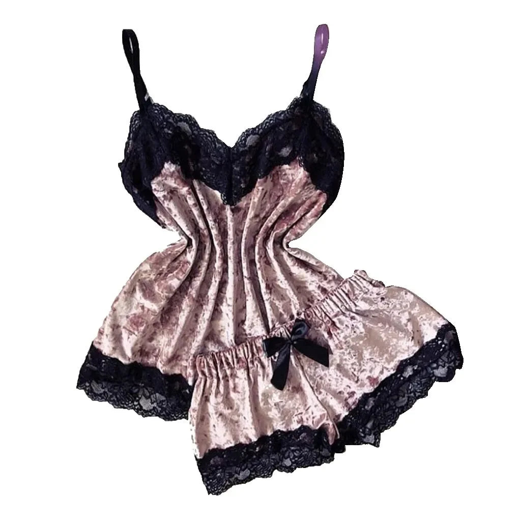 Women's Velvet Cami Pajama Set with Bow and Lace Trim, Sleeveless V-Neck Top and Matching Shorts, Elegant Summer Nightwear