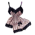 Women's Velvet Cami Pajama Set with Bow and Lace Trim, Sleeveless V-Neck Top and Matching Shorts, Elegant Summer Nightwear