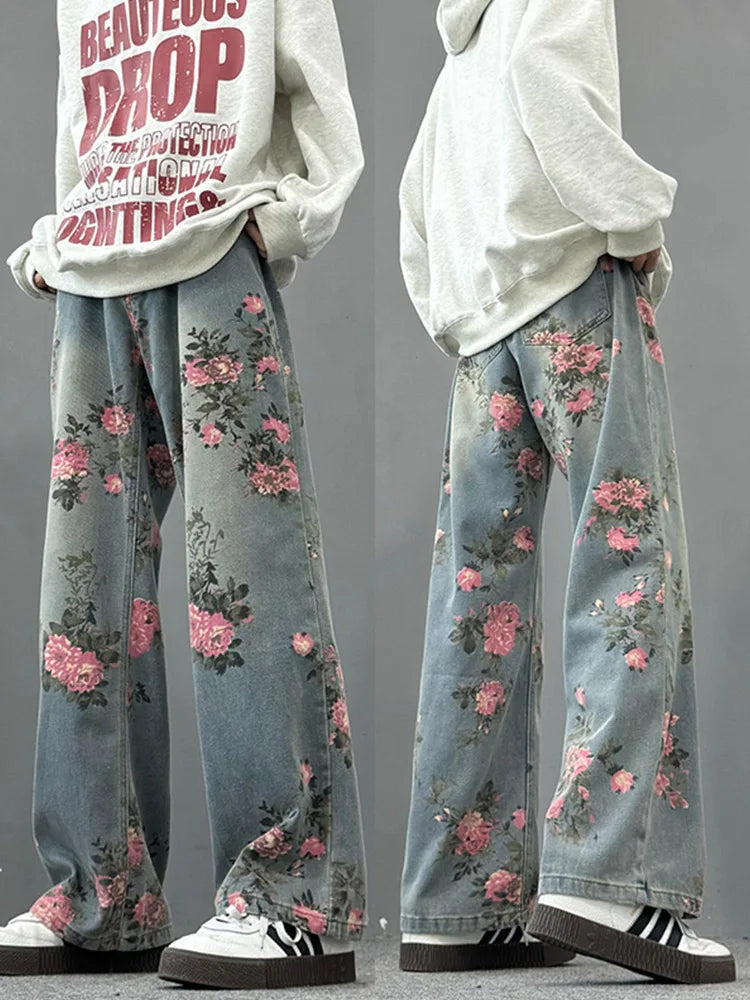 Unisex Floral Print Wide Leg Denim Jeans with Relaxed Streetwear Straight Leg Fit