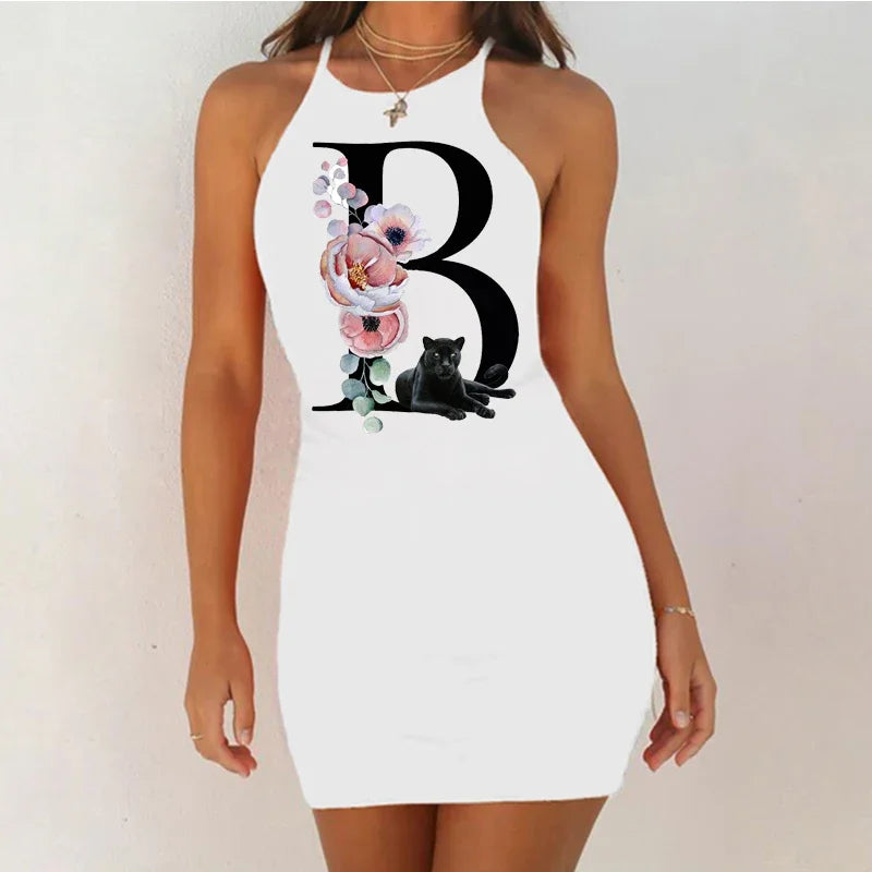 White Sleeveless Mini Nightgown with Bold Black Letter and Graphic Print, Slim Silhouette and Above-Knee Length