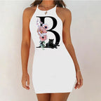 White Sleeveless Mini Nightgown with Bold Black Letter and Graphic Print, Slim Silhouette and Above-Knee Length