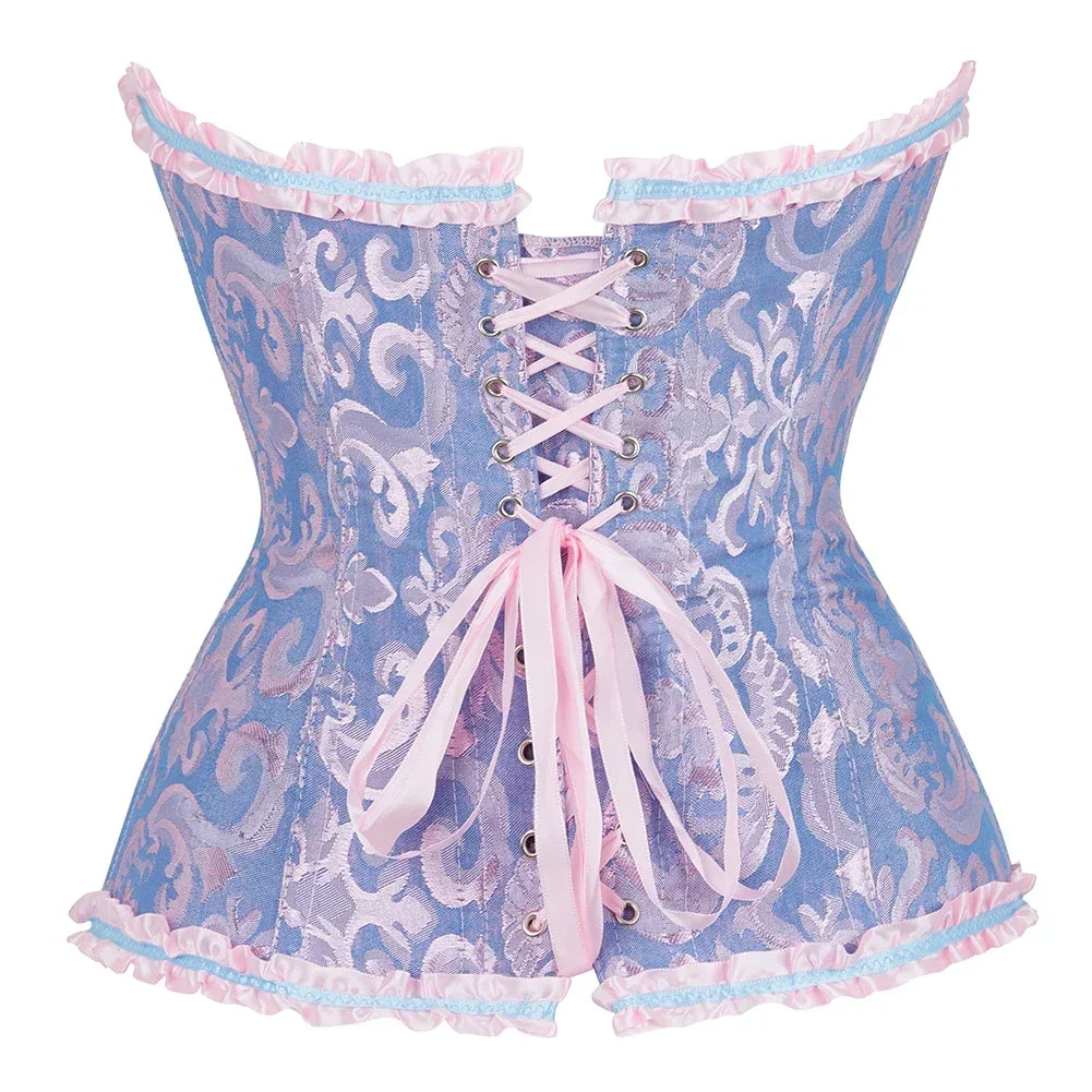 Floral Jacquard Overbust Corset with Sweetheart Neckline and Busk Closure