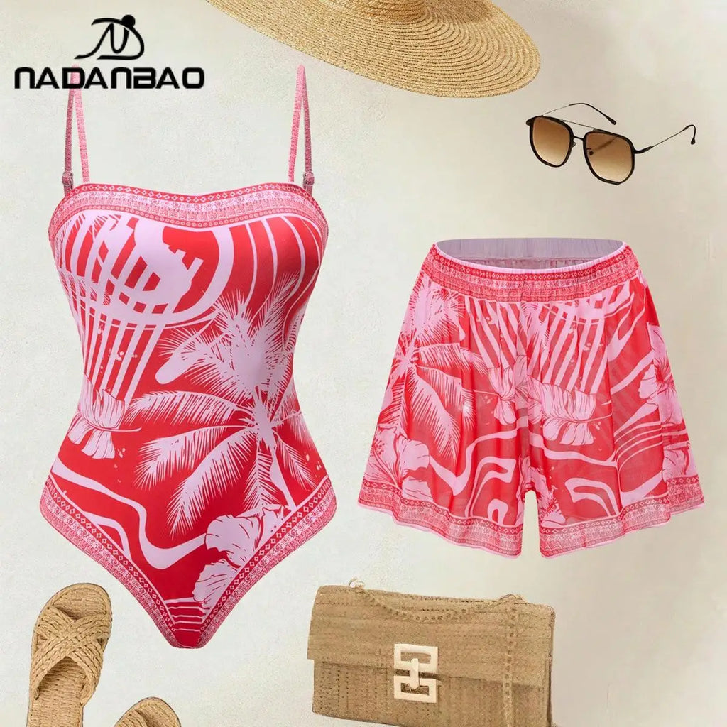 Vibrant Red Tropical Print Swimsuit and Matching Cover-Up Shorts Set