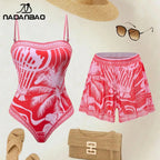 Vibrant Red Tropical Print Swimsuit and Matching Cover-Up Shorts Set
