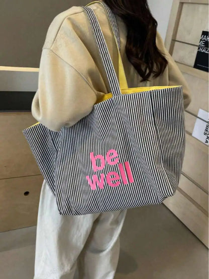 Striped Canvas Shopper Tote Bag with Foldable Everyday Design