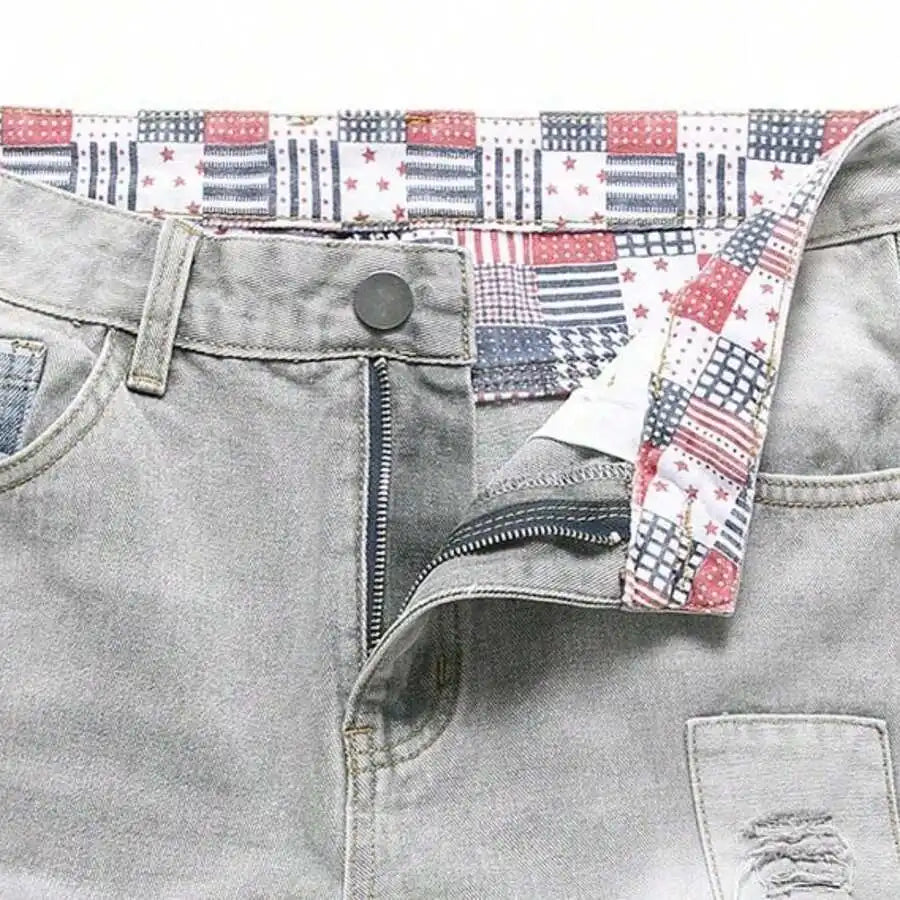 Men's Loose Fit Patchwork Denim Shorts with Distressed Details and Casual Streetwear Style