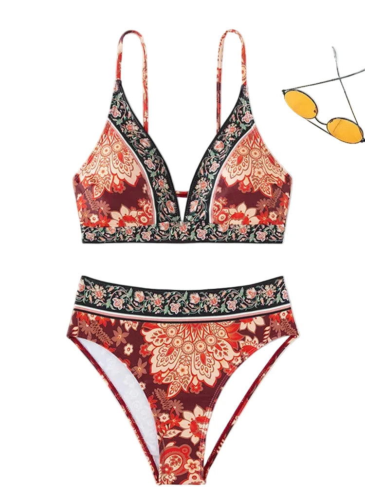 Vintage Floral Print High-Waisted Bikini with Wide Border Banding