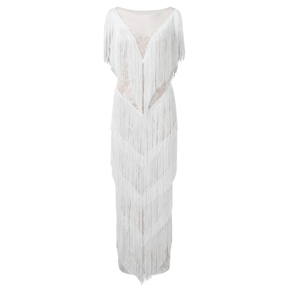 Deep V Neck Sleeveless Maxi Dress with Textured Statement Detailing