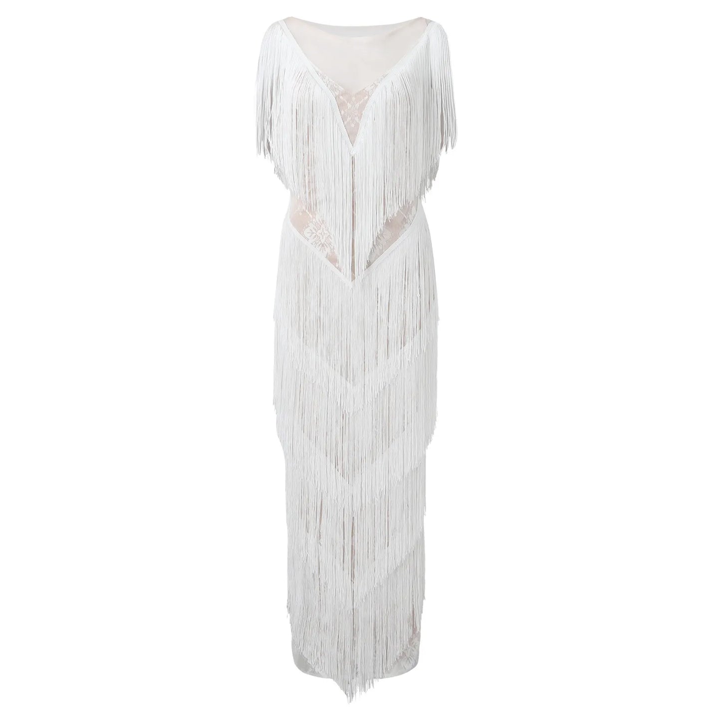 Deep V Neck Sleeveless Maxi Dress with Textured Statement Detailing