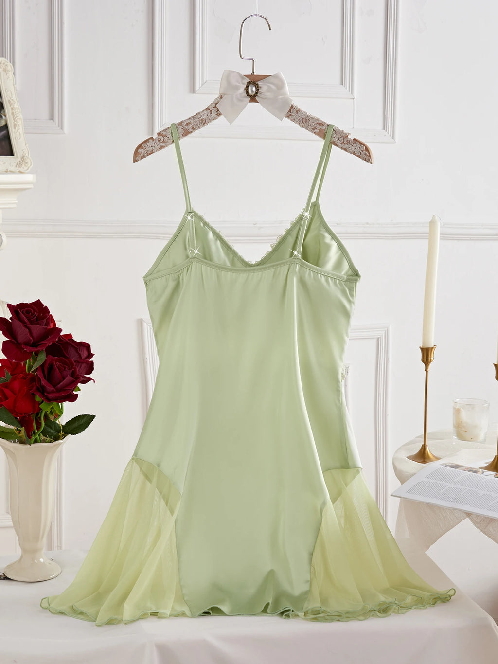 Elegant Mint Green Satin-Finish Slip Dress with Sheer Lace Trim and Flared Hem
