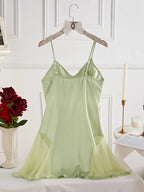 Elegant Mint Green Satin-Finish Slip Dress with Sheer Lace Trim and Flared Hem