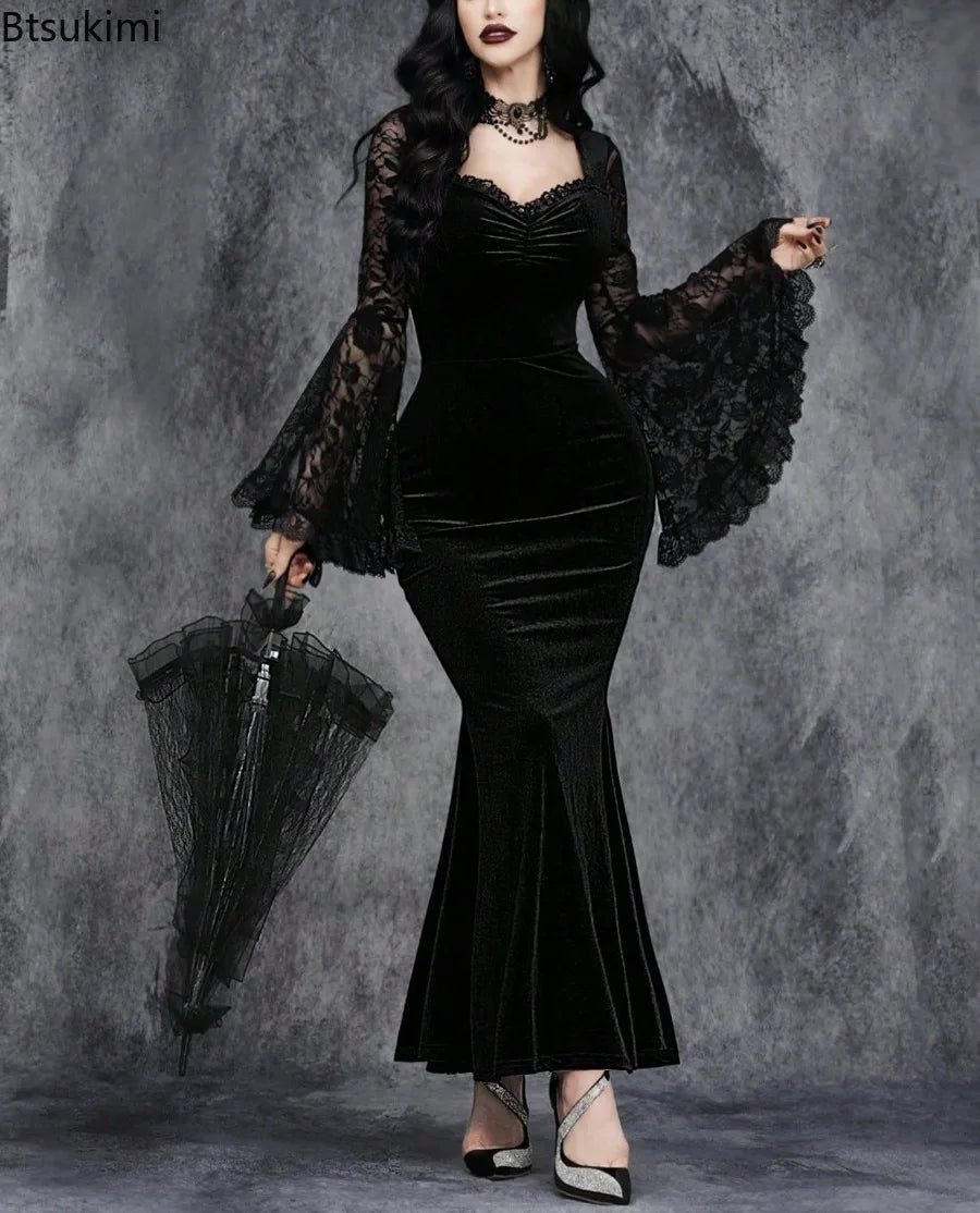 Velvet Gothic Mermaid Dress with Lace Sleeves and Dark Elegance