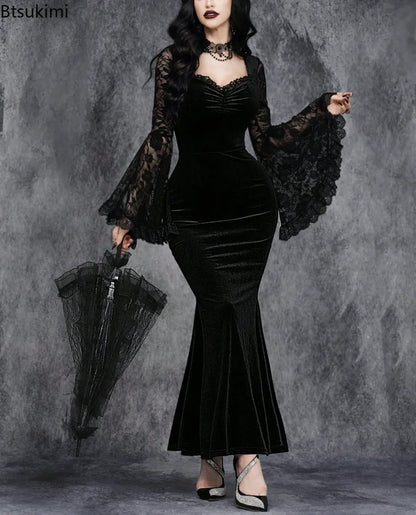 Velvet Gothic Mermaid Dress with Lace Sleeves and Dark Elegance