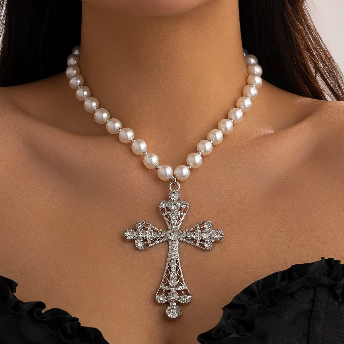 Layered Pearl Cross Necklace for Gothic Dark Feminine Y2K Fashion