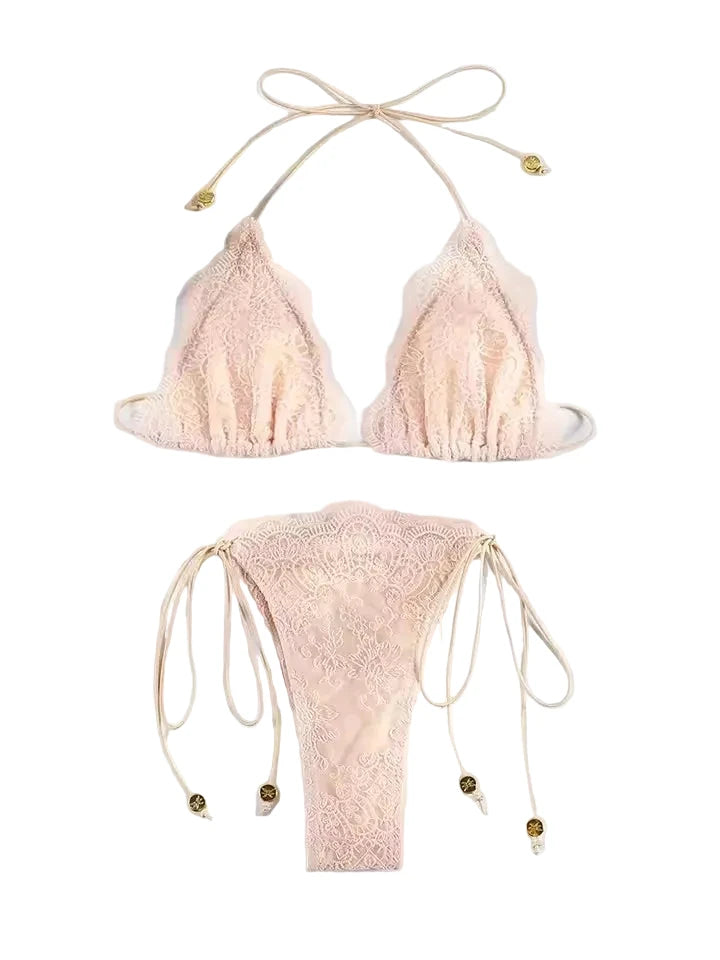 Romantic Blush Pink Lace-Textured Triangle String Bikini with Ruffled Trim
