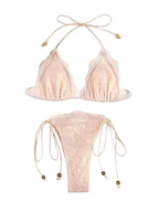 Romantic Blush Pink Lace-Textured Triangle String Bikini with Ruffled Trim