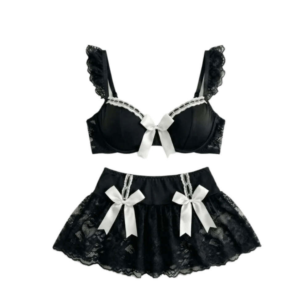 Two-Piece Black Lace Lingerie Set with Ruffled Straps and Contrast Bows