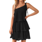 One Shoulder Tiered Mini Dress with Layered Flowy A-Line Silhouette