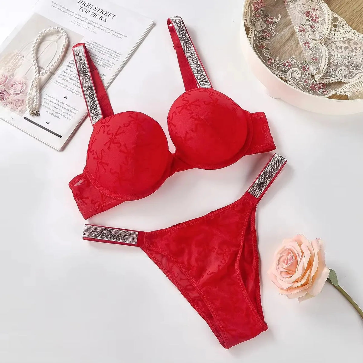 Vivid Magenta Contour Bra and Thong Set with Crystal-Embellished Straps