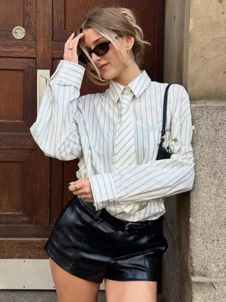 Boyfriend-Style Striped Button-Down Shirt with Matching Fabric Tie