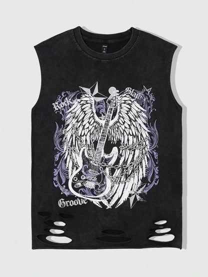 Distressed Cotton Sleeveless Tank Top with Minimalist Alternative Streetwear Punk Fashion Details