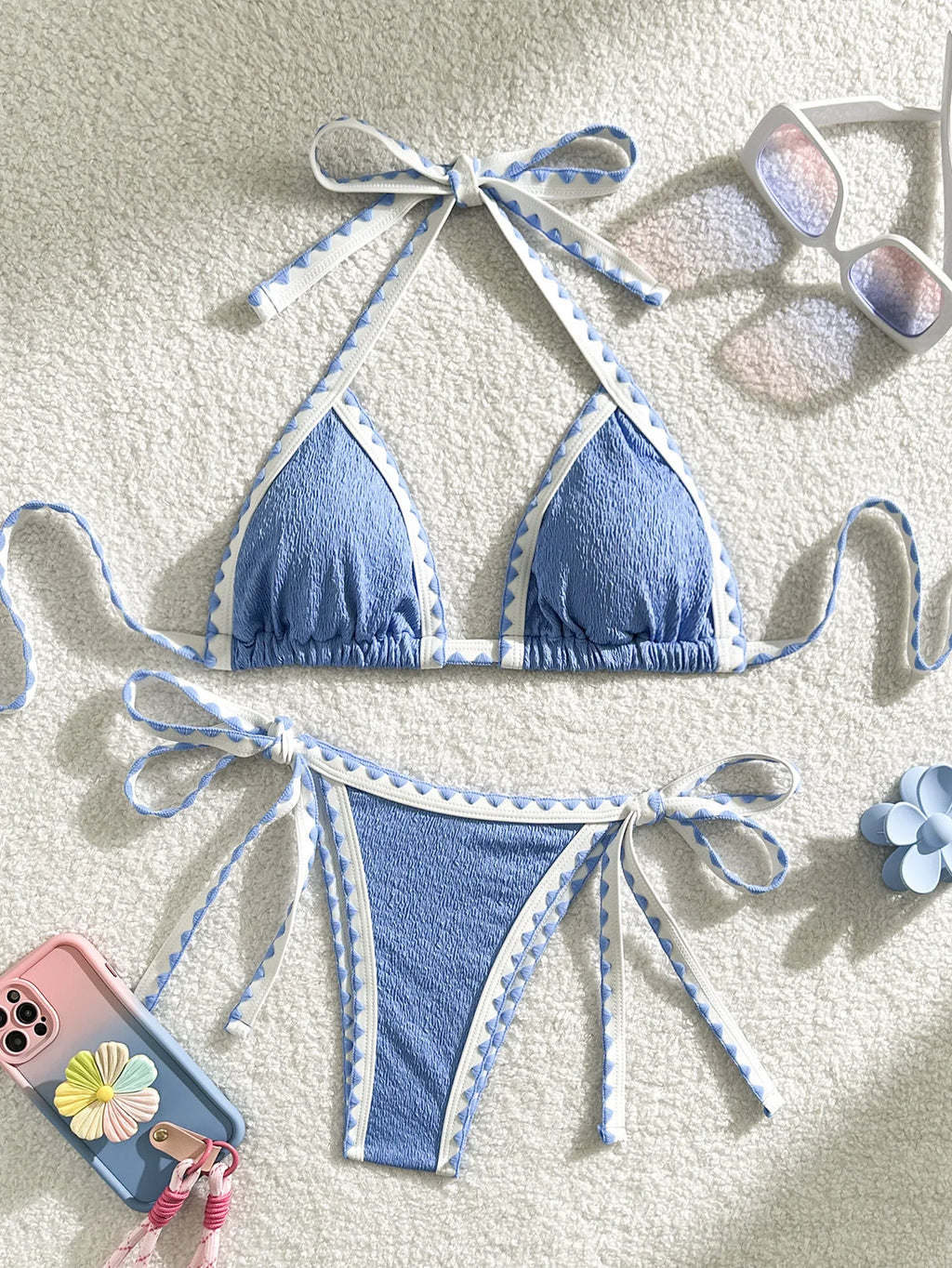 Light Blue Textured Triangle String Bikini with Delicate Ruffled Trim