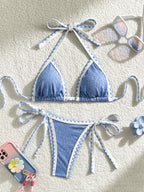 Light Blue Textured Triangle String Bikini with Delicate Ruffled Trim