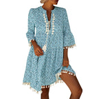 Relaxed Bohemian Tassel-Trimmed Shift Dress in Teal Geometric Print