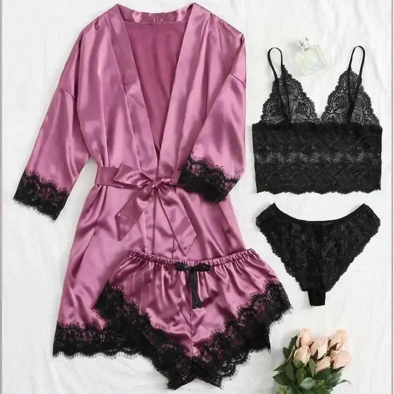 Romantic 4-Piece Satin-Finish Sleepwear Set with Bold Black Lace Trim