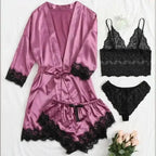 Romantic 4-Piece Satin-Finish Sleepwear Set with Bold Black Lace Trim
