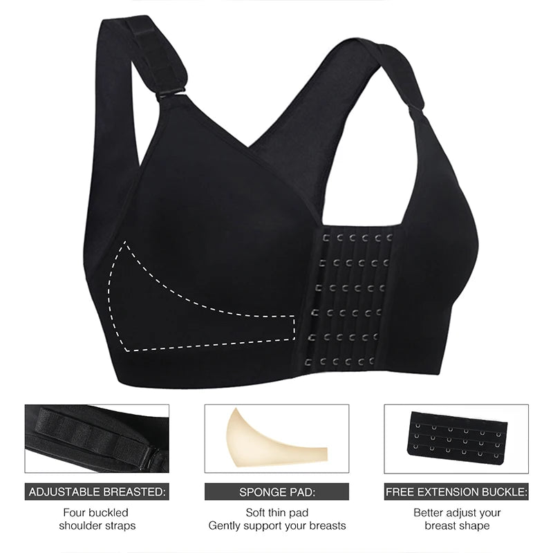 Front-Closure Wireless Support Bra with Wide Straps and Full Coverage