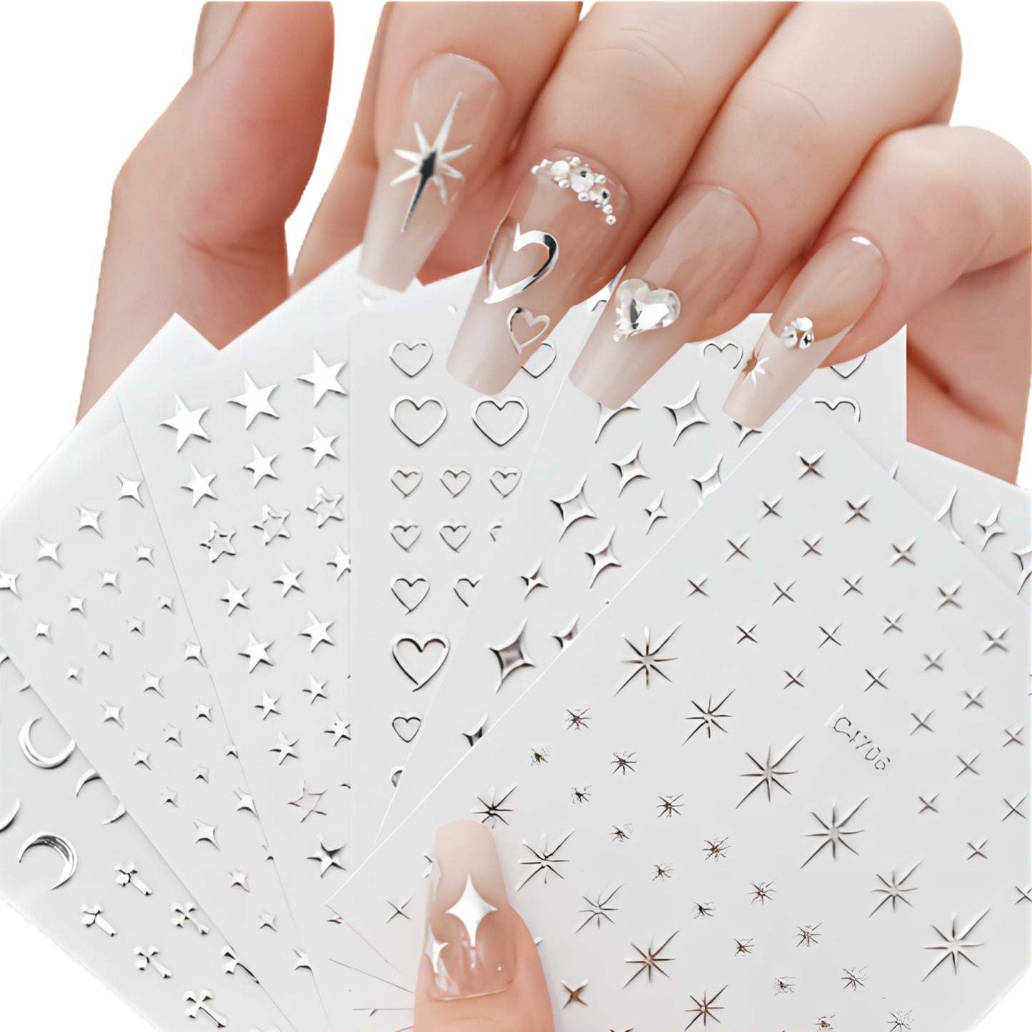 Celestial Gothic Nail Art Sticker Set with Hearts Stars and Moon Details