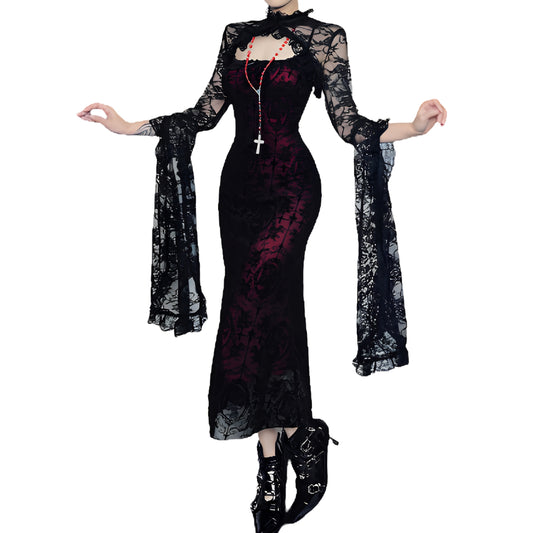 Elegant Lace Gothic Maxi Dress with Dark Romantic Alternative Styling