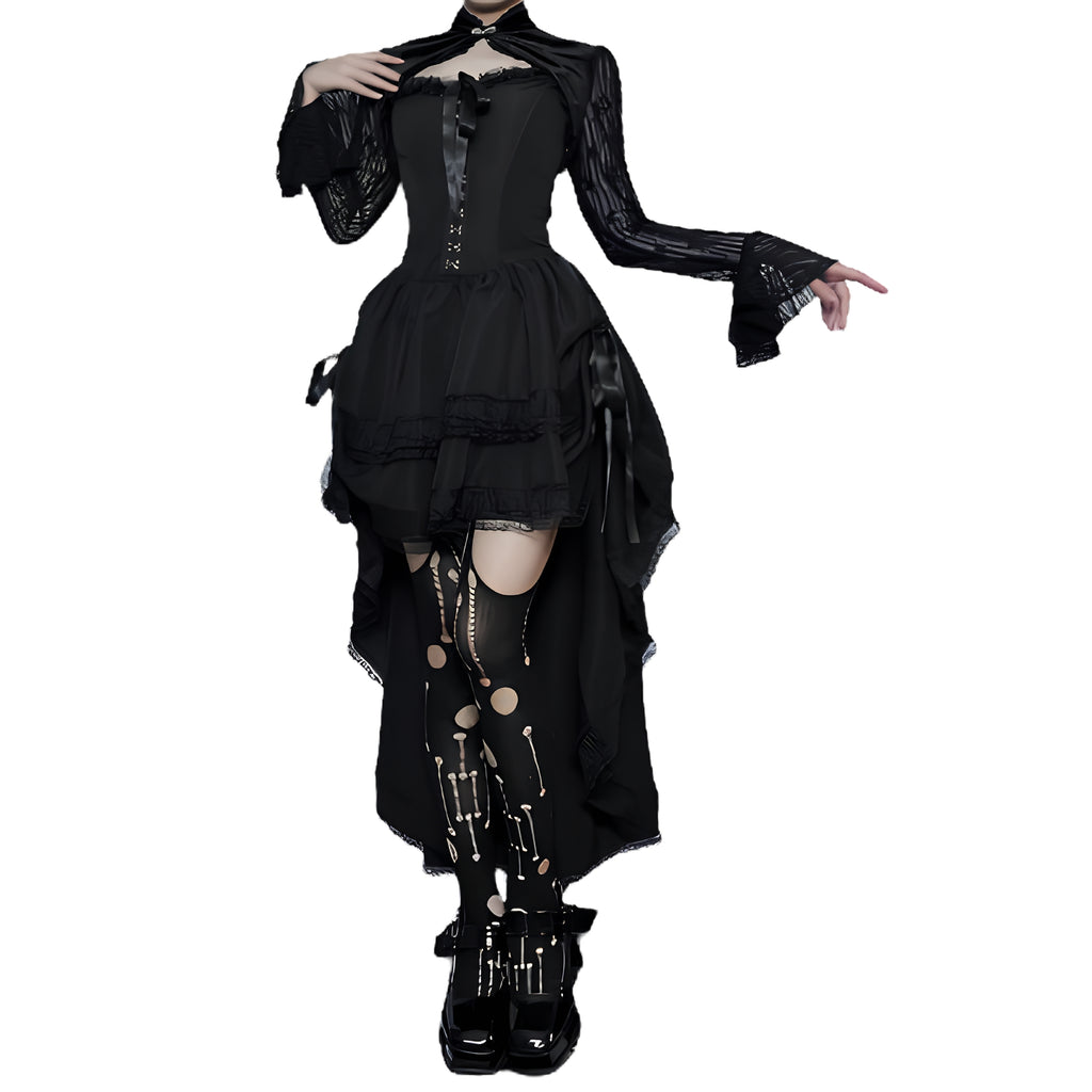 Layered Gothic Mini Dress with Mesh Sleeves and Alternative Fashion Details