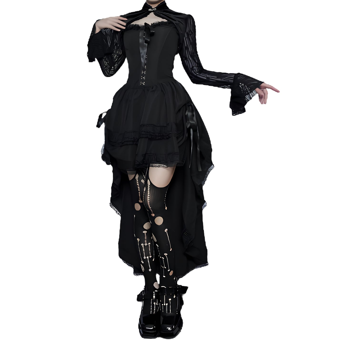 Layered Gothic Mini Dress with Mesh Sleeves and Alternative Fashion Details
