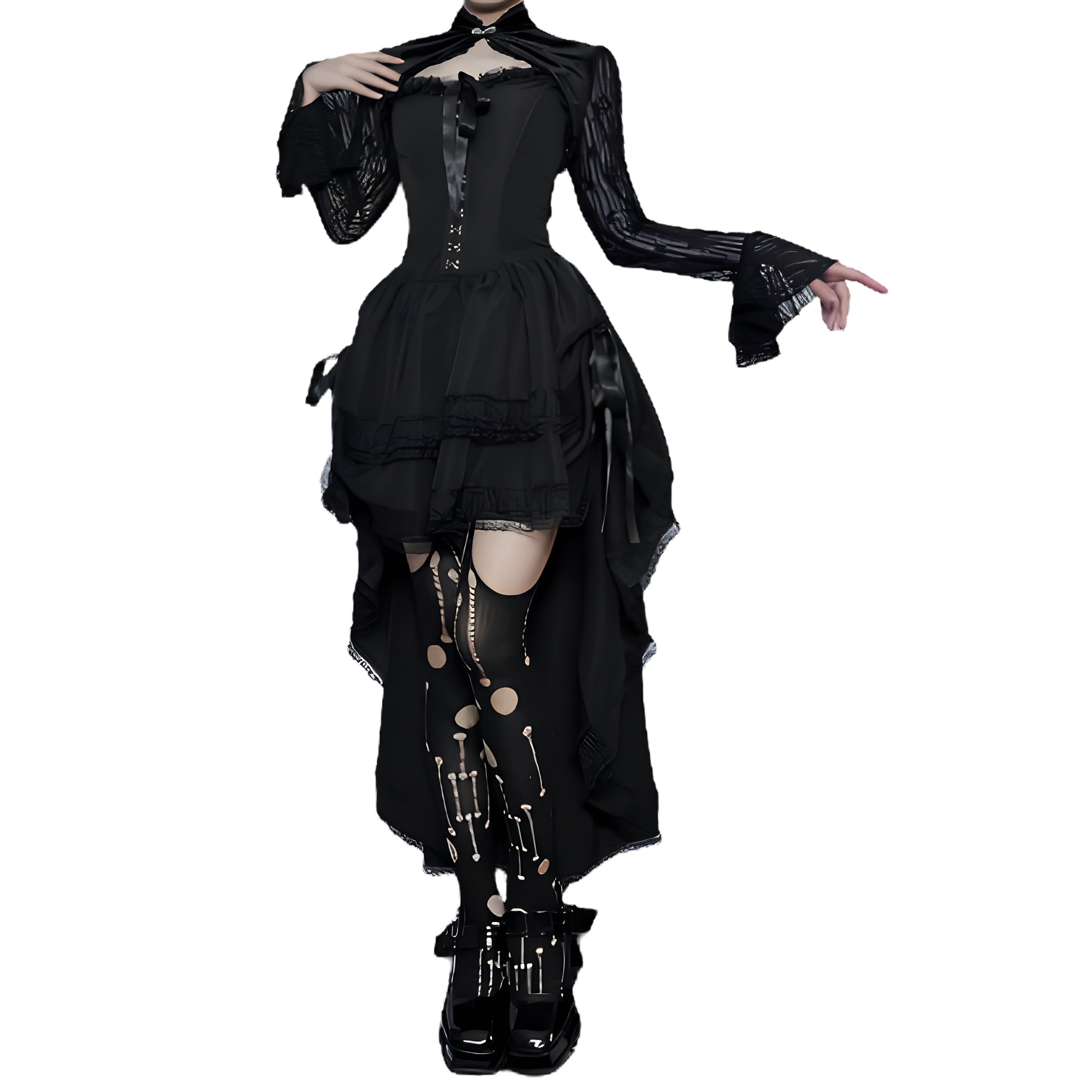 Layered Gothic Mini Dress with Mesh Sleeves and Alternative Fashion Details