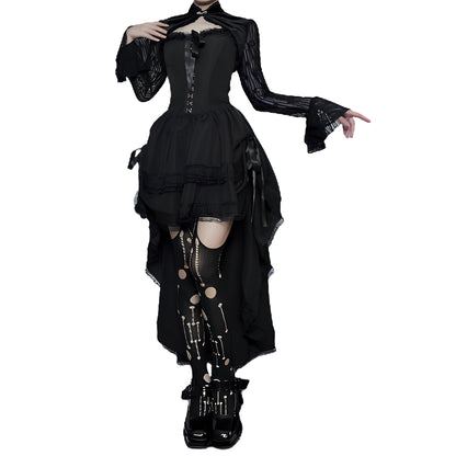 Layered Gothic Mini Dress with Mesh Sleeves and Alternative Fashion Details