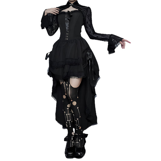 Layered Gothic Mini Dress with Mesh Sleeves and Alternative Fashion Details