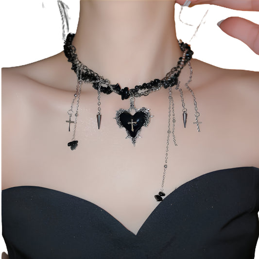 Neo Gothic Heart Cross Choker Necklace With Layered Beaded Alternative Fashion Detailing